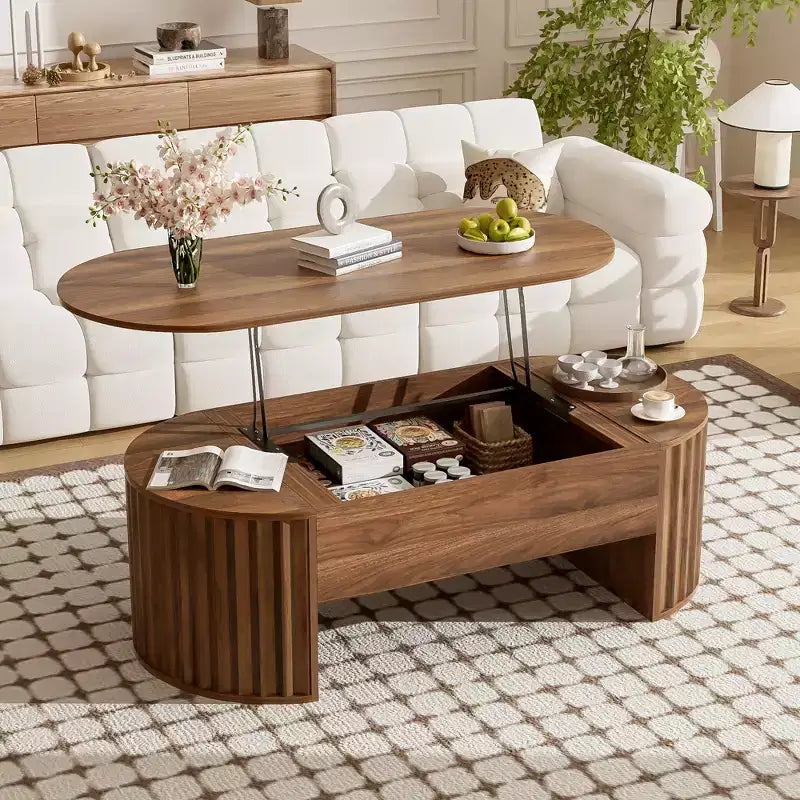 Table basse relevable ovale marron de 47,2 po avec compartiment caché