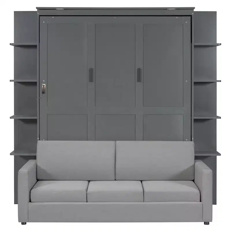 Lit escamotable mural queen size avec canapé, lit armoire pliant queen size avec bibliothèque et étagères pour chambre d’amis ou bureau