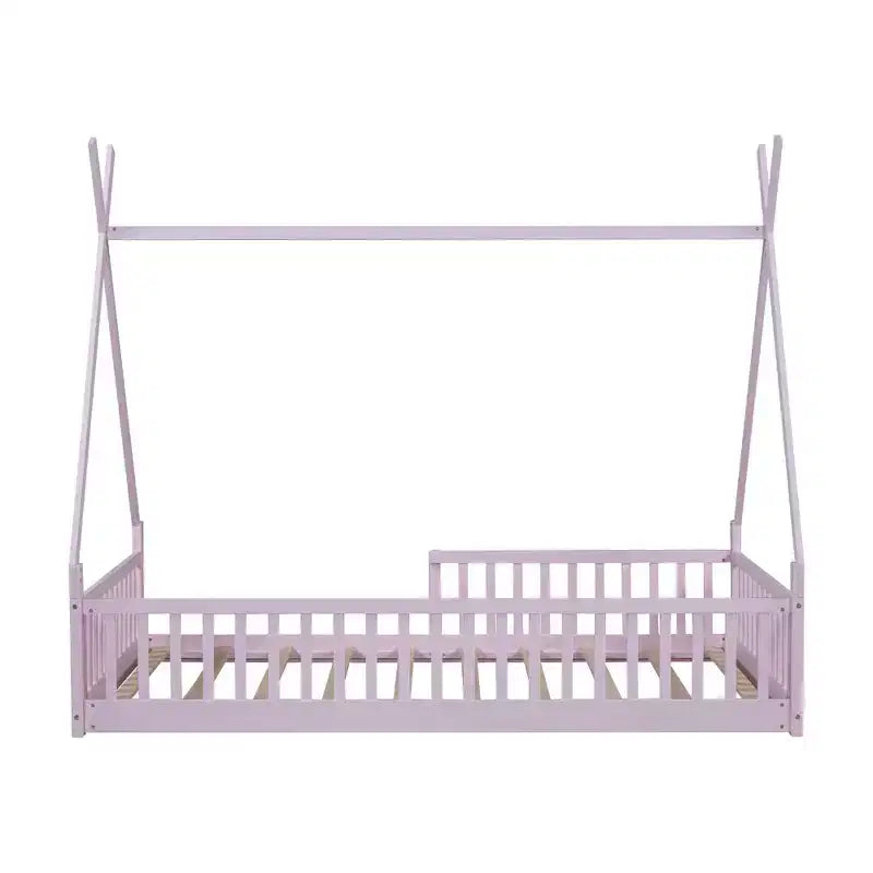 Bodenbett für Kinder, Zeltbett in Einzelgröße, Montessori-Bodenbett mit Lattenrost und Schutzgittern, Holzhaus-Bettrahmen für Jungen und Mädchen