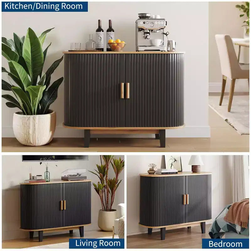 Geribbeld dressoir van 40 inch, opbergkast met schuifdeur en verstelbare plank, moderne credenza-opbergkast, bartafel met roldeur