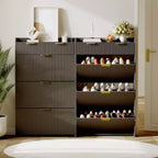 Meuble à chaussures moderne blanc avec 3 tiroirs basculants, 2 petits tiroirs et crochets, meuble de rangement à chaussures étroit à façade cannelée pour entrée