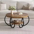 Runder industrieller Couchtisch mit 76 cm Durchmesser, 2 Ebenen, verstellbaren Füßen, Ablage in Holzoptik, Flammendesign, einfache Montage, Wohnzimmer