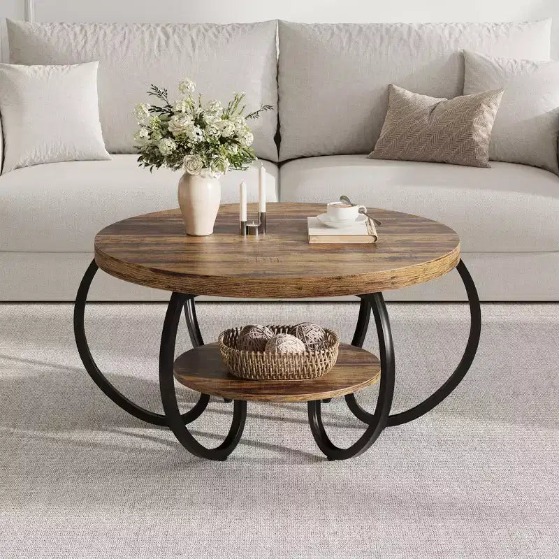 Runder industrieller Couchtisch mit 76 cm Durchmesser, 2 Ebenen, verstellbaren Füßen, Ablage in Holzoptik, Flammendesign, einfache Montage, Wohnzimmer