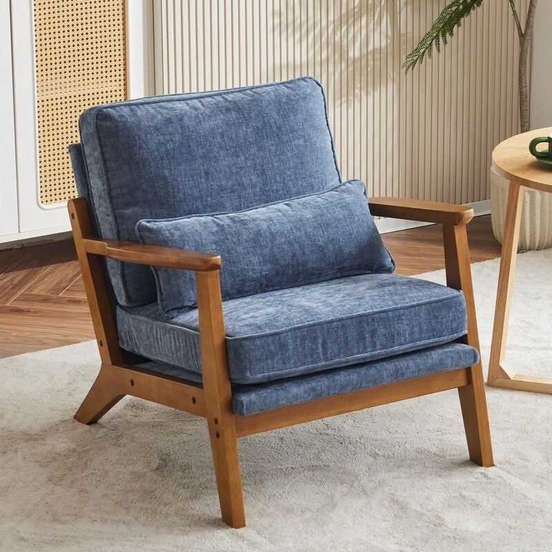 Polster-Sessel aus Leinenmischgewebe mit Holzbeinen und einem Kissen, Beige