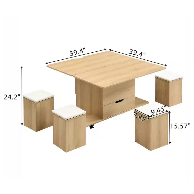 Table basse moderne multifonctionnelle relevable avec rangement dissimulé, 4 tabourets et roulettes, idéale pour les espaces de vie modernes