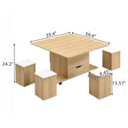 Table basse moderne multifonctionnelle relevable avec rangement dissimulé, 4 tabourets et roulettes, idéale pour les espaces de vie modernes