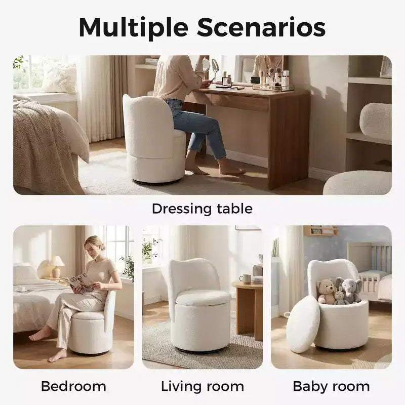 Chaise de coiffeuse pivotante avec rangement, tabouret rond rembourré avec dossier, fauteuil tonneau d’appoint doux et rembourré pour chambre et salon