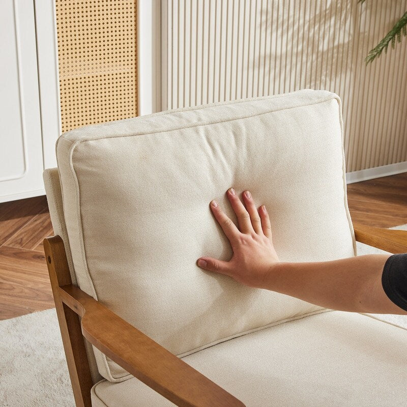 Polster-Sessel aus Leinenmischgewebe mit Holzbeinen und einem Kissen, Beige