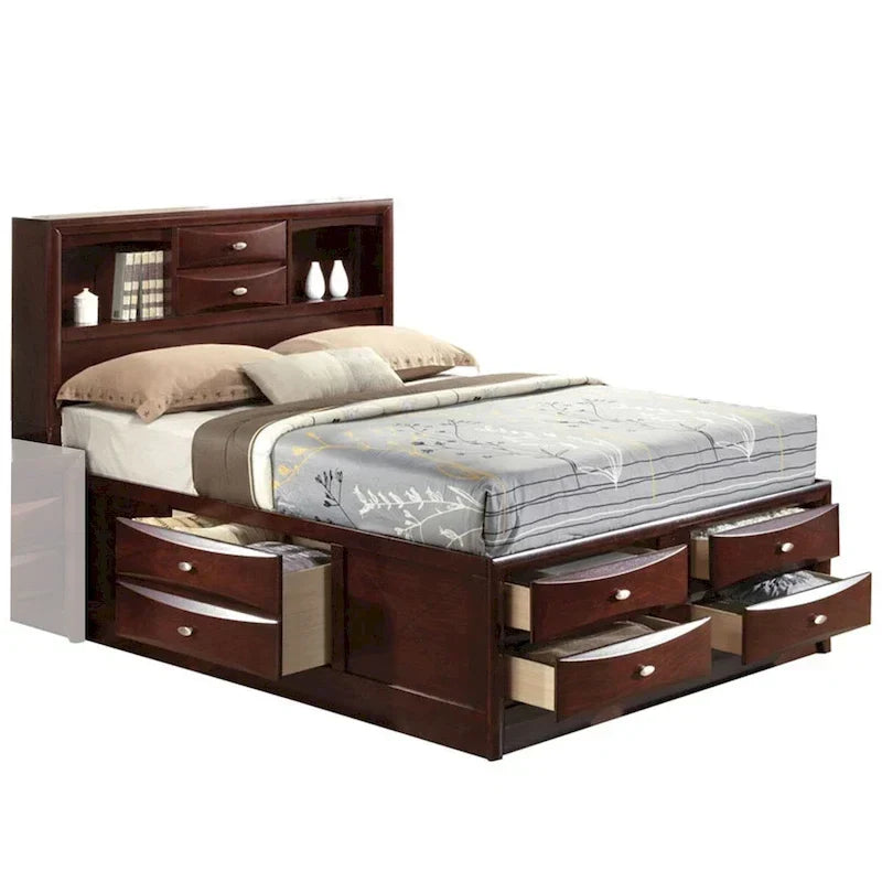 Lit queen size à panneaux avec bibliothèque et tiroirs, marron