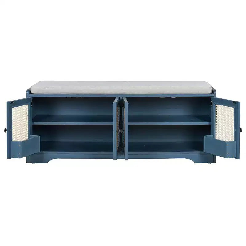 Banc de rangement rustique en bois Whisen, banc à chaussures pour entrée avec coussin amovible et étagères réglables