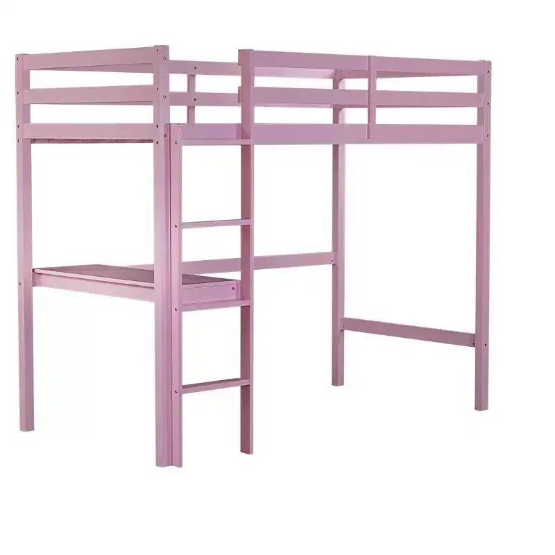 Okak Hochbett im minimalistischen Loft-Stil mit Leiter, Hochbett aus Gummibaumholz für eine Person mit Sicherheitsgeländer und integriertem Schreibtisch, Bettgestell für Kinder und Jugendliche