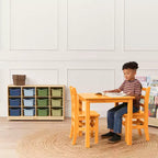 Meuble mobile à plateaux avec casiers et 15 bacs frontaux à ouverture en forme de cuillère, 3 x 4, mobilier pour enfants