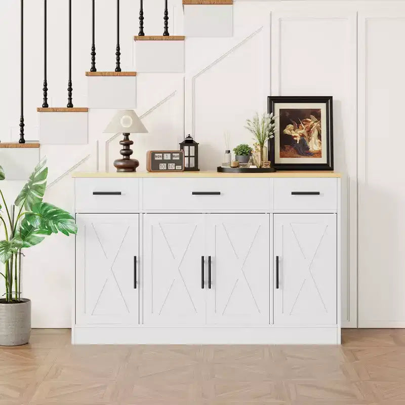 Buffet de rangement Celebalcony, grand meuble de cuisine de 53,4 pouces avec 3 tiroirs et 4 portes, étagère réglable pour la cuisine et le salon