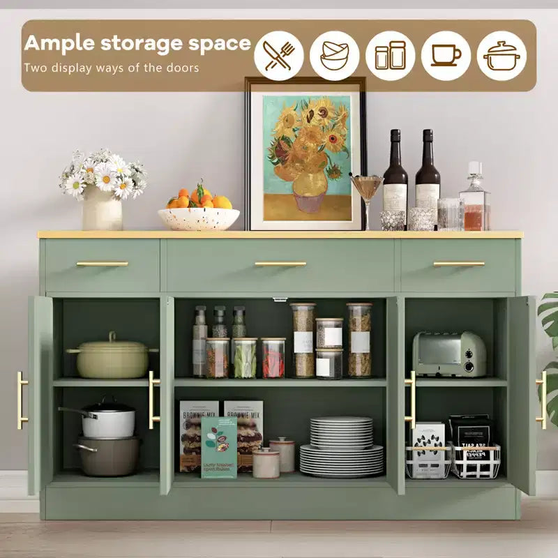 Buffet de rangement Celebalcony, grand meuble de cuisine de 53,4 pouces avec 3 tiroirs et 4 portes, étagère réglable pour la cuisine et le salon
