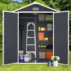 Opslagschuur van 6 ft x 4 ft/6 ft x 8 ft/8 ft x 6 ft/8 ft x 10 ft, weerbestendig kunststofhars voor buiten met vloer, gereedschapsschuur met puntdak