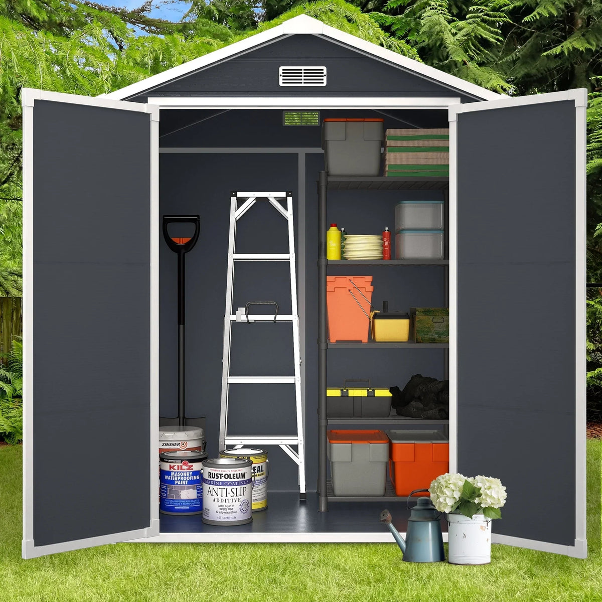 Opslagschuur van 6 ft x 4 ft/6 ft x 8 ft/8 ft x 6 ft/8 ft x 10 ft, weerbestendig kunststofhars voor buiten met vloer, gereedschapsschuur met puntdak