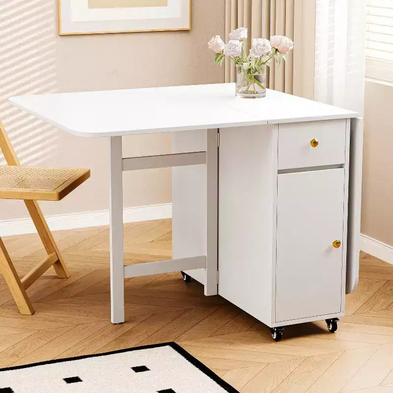 ATJafurn 59-Zoll-Klapptisch mit abklappbaren Tischplatten für kleine Räume, rechteckiger ausziehbarer Küchentisch aus Holz mit Rollen und Stauraum