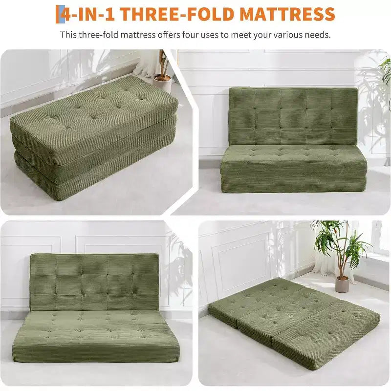 SunnyFurn 6 inch drievoudig vouwmatras en slaapbank, 75 x 54,3 inch, opvouwbaar logeerbed van schuim met gecapitonneerd corduroy, draagbaar voor kamperen, woonkamer en slaapkamer