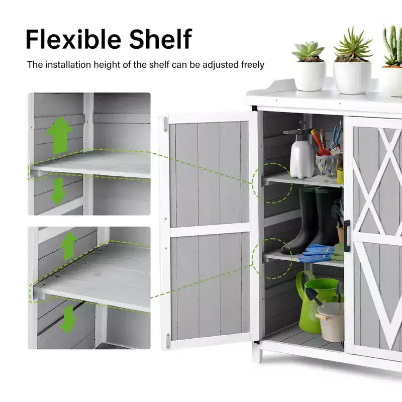 Armoire de rangement extérieur, établi de rempotage – poste de travail de jardin en bois imperméable avec plateau galvanisé, étagères réglables pour cour, terrasse ou pelouse