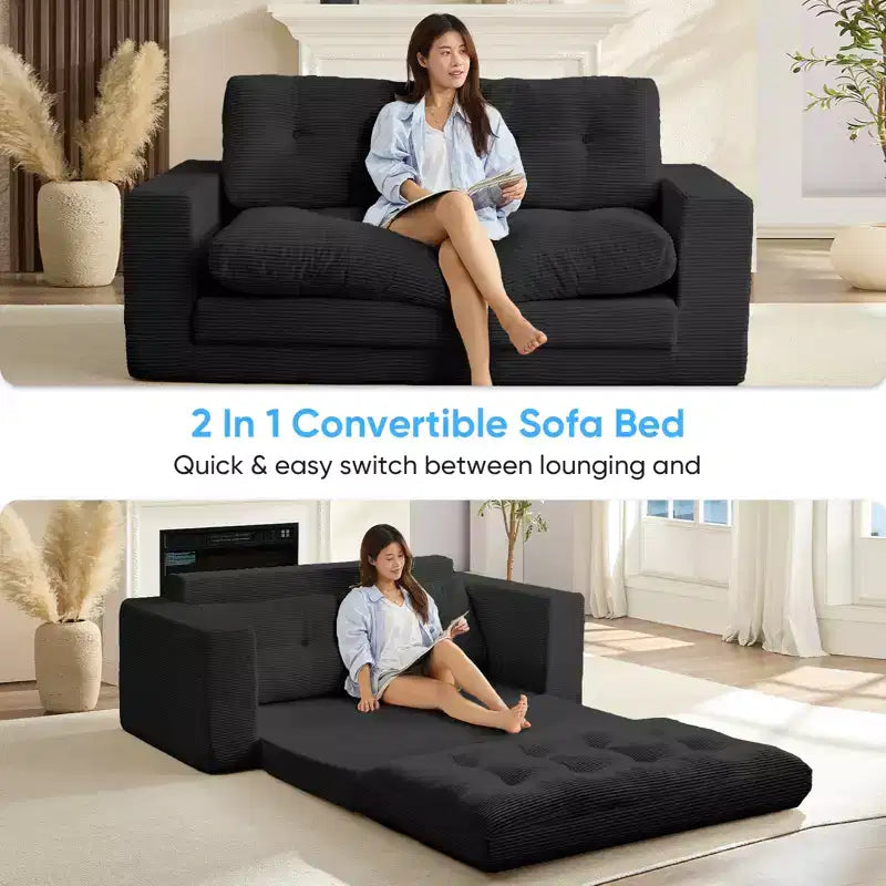 Mjkone 71' 2-in-1 slaapbank, opvouwbare loveseat met geribde stof en knopen, ruimtebesparend
