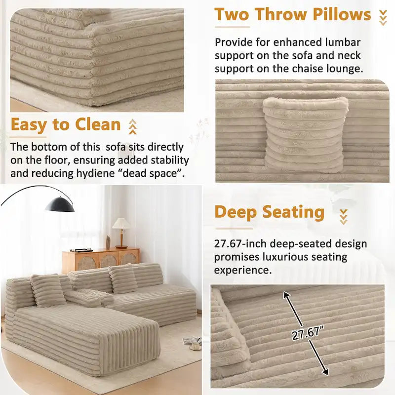Cloud-Ecksofa, modernes Polstersofa mit 2 Zierkissen, frei kombinierbares Sofa, modulares L-förmiges Ecksofa