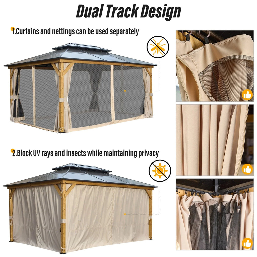 EROMMY Pavillon mit festem Dach, Outdoor-Pergola mit Doppeldach, Netzvorhängen und Vorhängen, robustes Vordach für Terrasse, Garten und Poolpartys