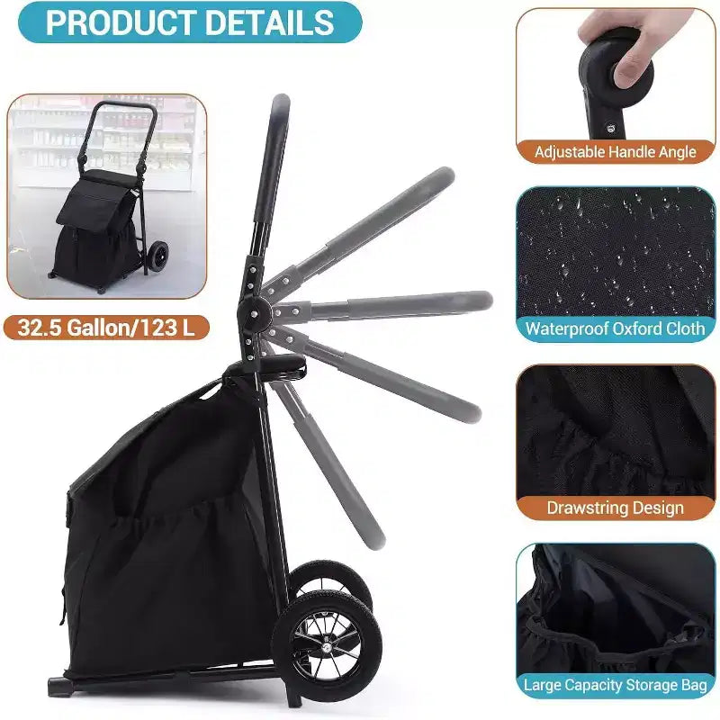 Chariot utilitaire pliable 2-en-1 Acekool avec sac étanche amovible, coussin d’assise épais et poignée réglable antidérapante, noir