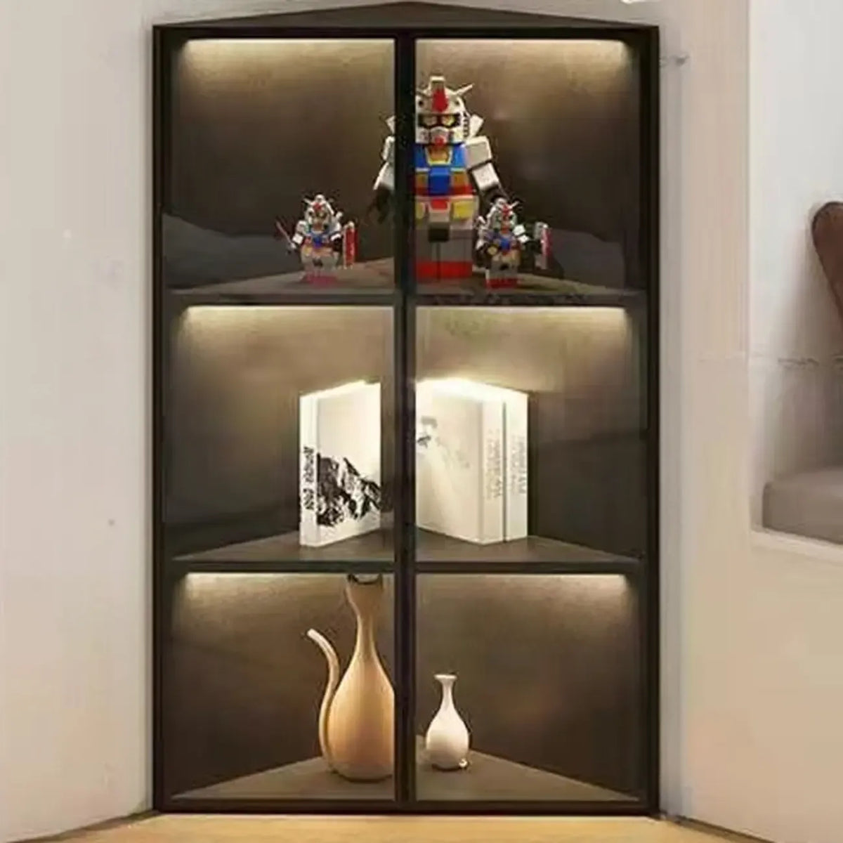 Modern Grey Metal Wood Corner Display Cabinet with Glass Door