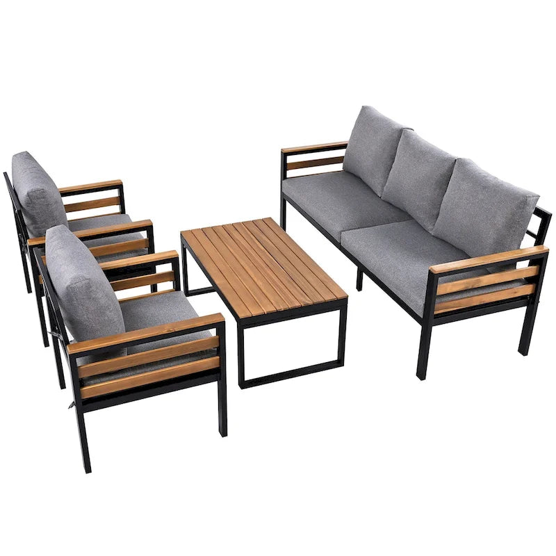 Ensemble de canapé d’extérieur de 4 pièces pour 5 personnes avec table basse en bois massif et coussins amovibles