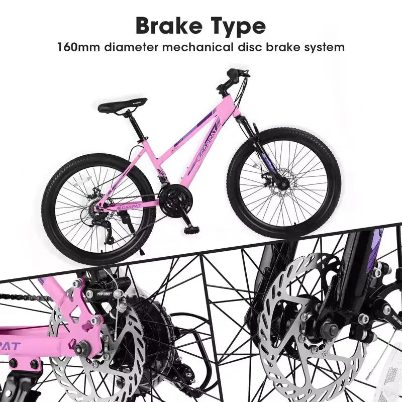 Okak 24/26-Zoll-Mountainbike mit 21 Gängen und Scheibenbremsen an Vorder- und Hinterrad, Kinderfahrrad mit 100-mm-Federgabel, Dirtbike für Jugendliche und Frauen