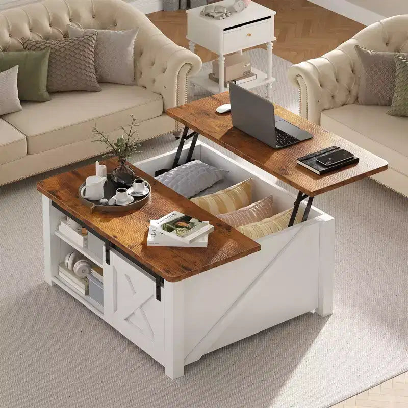 Table basse relevable JIONJOY de 31,5 po avec grand espace de rangement dissimulé, étagères réglables, table centrale carrée de style champêtre pour salon et petits espaces