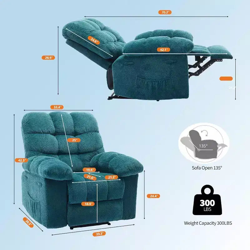Manueller Relaxsessel, ergonomischer Relaxsessel aus atmungsaktivem Stoff mit Seitentaschen, Einzelsessel, geeignet für Wohnzimmer und Schlafzimmer