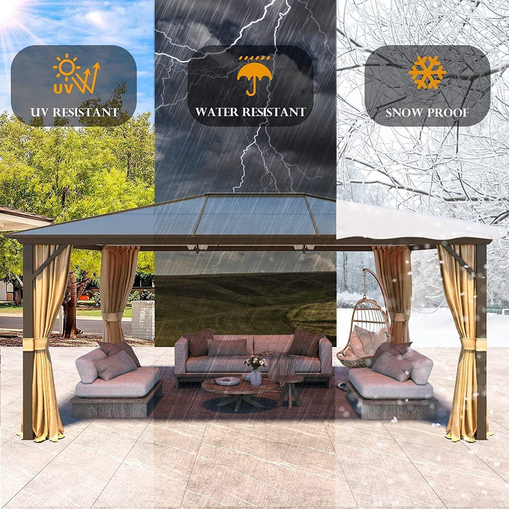 EROMMY Pavillon mit festem Dach, Outdoor-Pergola mit Doppeldach, Netzvorhängen und Vorhängen, robustes Vordach für Terrasse, Garten und Poolpartys