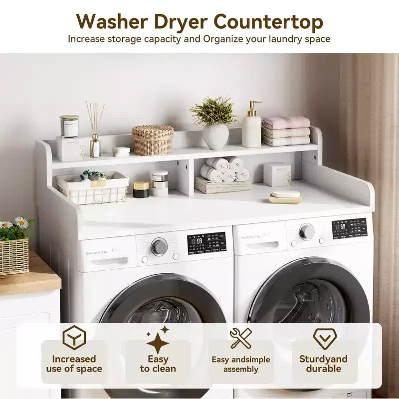 Plan de travail à 2 niveaux pour lave-linge et sèche-linge avec étagère ou tiroirs, couvre-plan de buanderie avec tapis antidérapant, dessus de 54X27.5 pour plier le linge