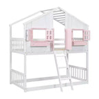Twin Size House-Shaped Loft Bed, Wood Playhouse Loft Bed with Ladder & Guardrails for Kids