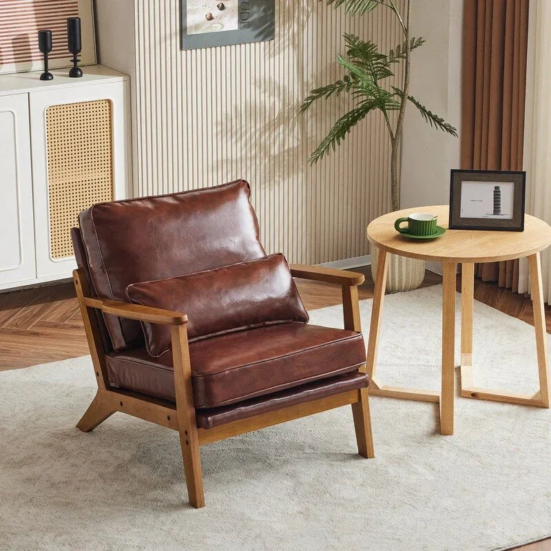 Polster-Sessel aus Leinenmischgewebe mit Holzbeinen und einem Kissen, Beige