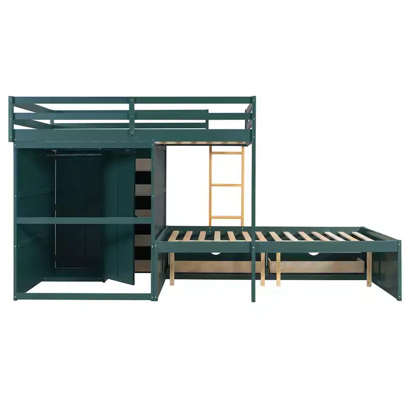 Lit superposé deux places sur deux places avec armoire de rangement et tiroirs, lit superposé en bois deux places gain de place avec barrière de sécurité pour appartement et chambre