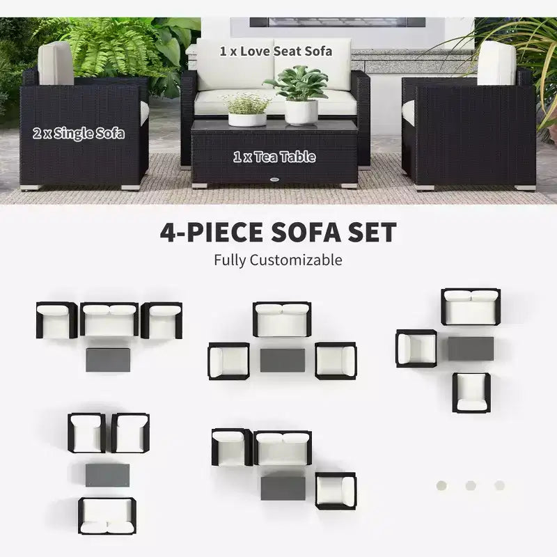 4-teiliges Rattan-Sofaset, Korbsofaset für die Terrasse mit Zweiersofa, Sesseln und Couchtisch mit Glasplatte für Garten und Außenbereich