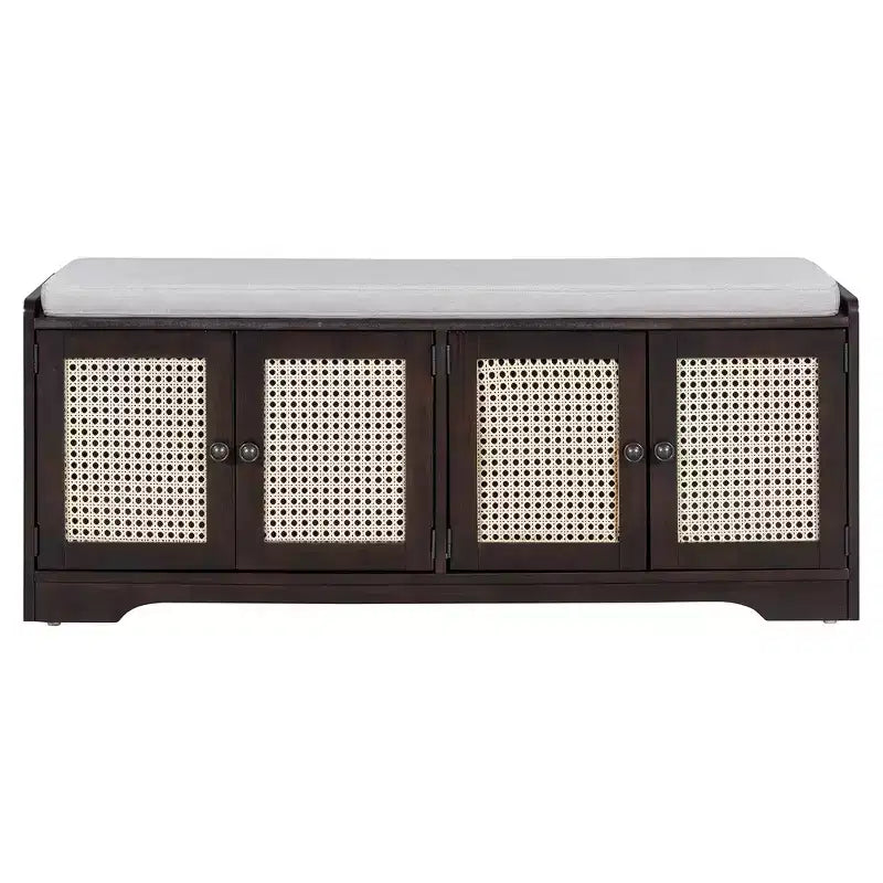Banc de rangement rustique en bois Whisen, banc à chaussures pour entrée avec coussin amovible et étagères réglables