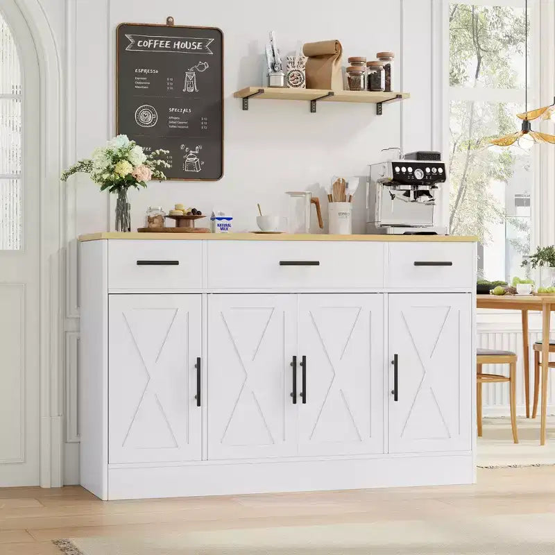 Buffet de rangement Celebalcony, grand meuble de cuisine de 53,4 pouces avec 3 tiroirs et 4 portes, étagère réglable pour la cuisine et le salon