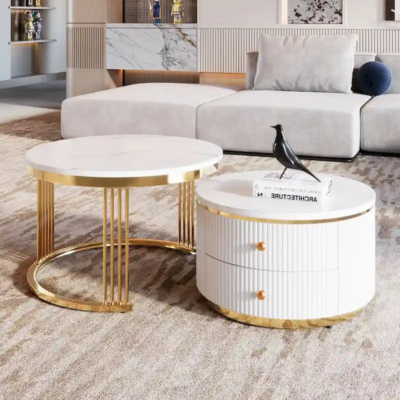 2 Pieces White Round Nesting Coffee Table with Drawers