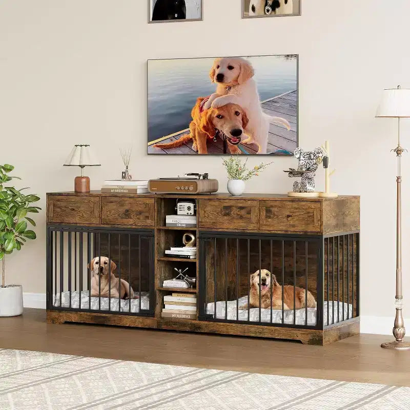 82 Möbel für zwei Hundeboxen, großer Hundezwinger für den Innenbereich für 2 Hunde, robuster Hundeschrank aus Holz als TV-Ständer mit 4 Schubladen und Regalen