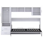Lit escamotable mural une place, cadre en bois avec armoire intégrée, tiroirs de rangement et étagères ouvertes, blanc -ModernLuxe