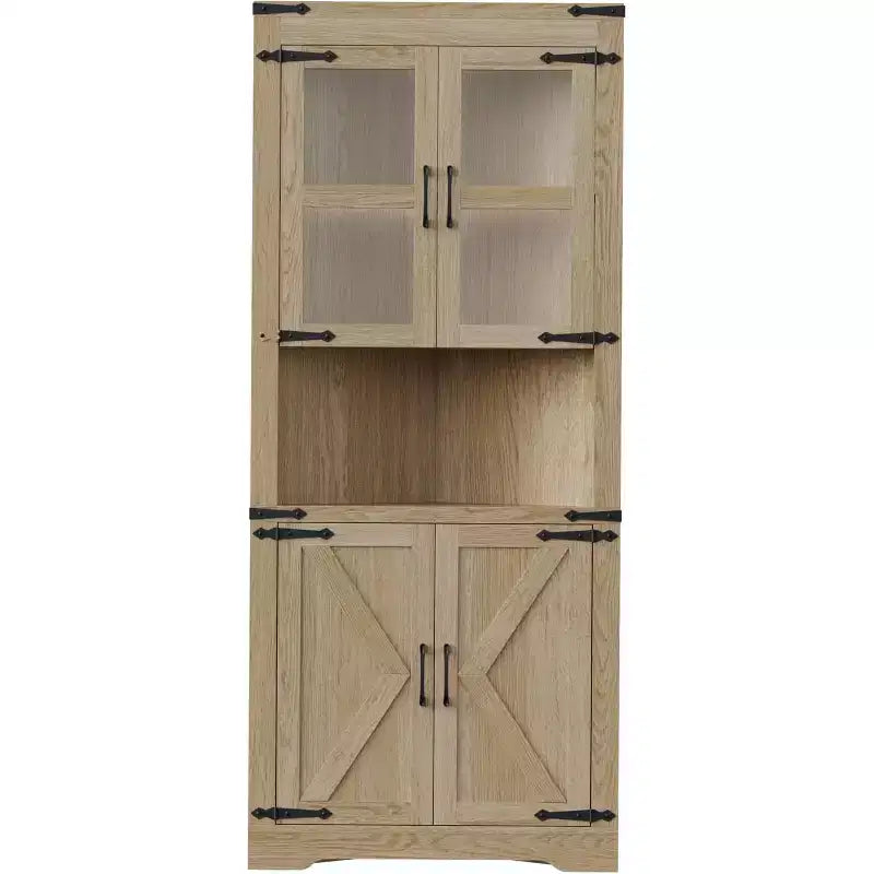 69 Zoll hoher Eckschrank im Landhausstil, platzsparender Eckschrank mit Glastür und verstellbaren Regalböden für Wohnzimmer und Küche