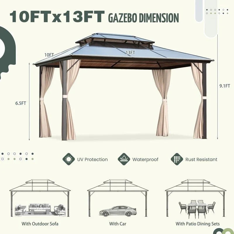 EROMMY Pavillon mit festem Dach, Outdoor-Pergola mit Doppeldach, Netzvorhängen und Vorhängen, robustes Vordach für Terrasse, Garten und Poolpartys