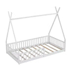 Bodenbett für Kinder, Zeltbett in Einzelgröße, Montessori-Bodenbett mit Lattenrost und Schutzgittern, Holzhaus-Bettrahmen für Jungen und Mädchen