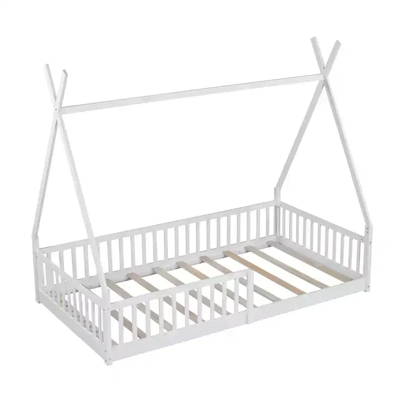 Bodenbett für Kinder, Zeltbett in Einzelgröße, Montessori-Bodenbett mit Lattenrost und Schutzgittern, Holzhaus-Bettrahmen für Jungen und Mädchen