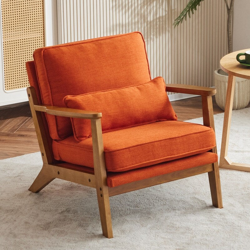 Polster-Sessel aus Leinenmischgewebe mit Holzbeinen und einem Kissen, Beige