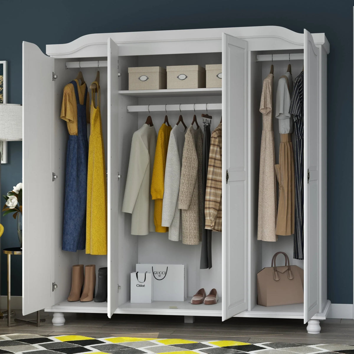 Palace Imports Kyle 4-türiger Kleiderschrank aus 100 % Massivholz mit Türen aus Massivholz oder Spiegelglas