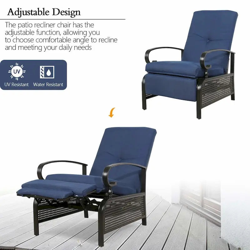Fauteuil inclinable réglable de salon pour extérieur avec coussin - 38 (P) x 26.5 (L) x 38.5 (H) POUCES